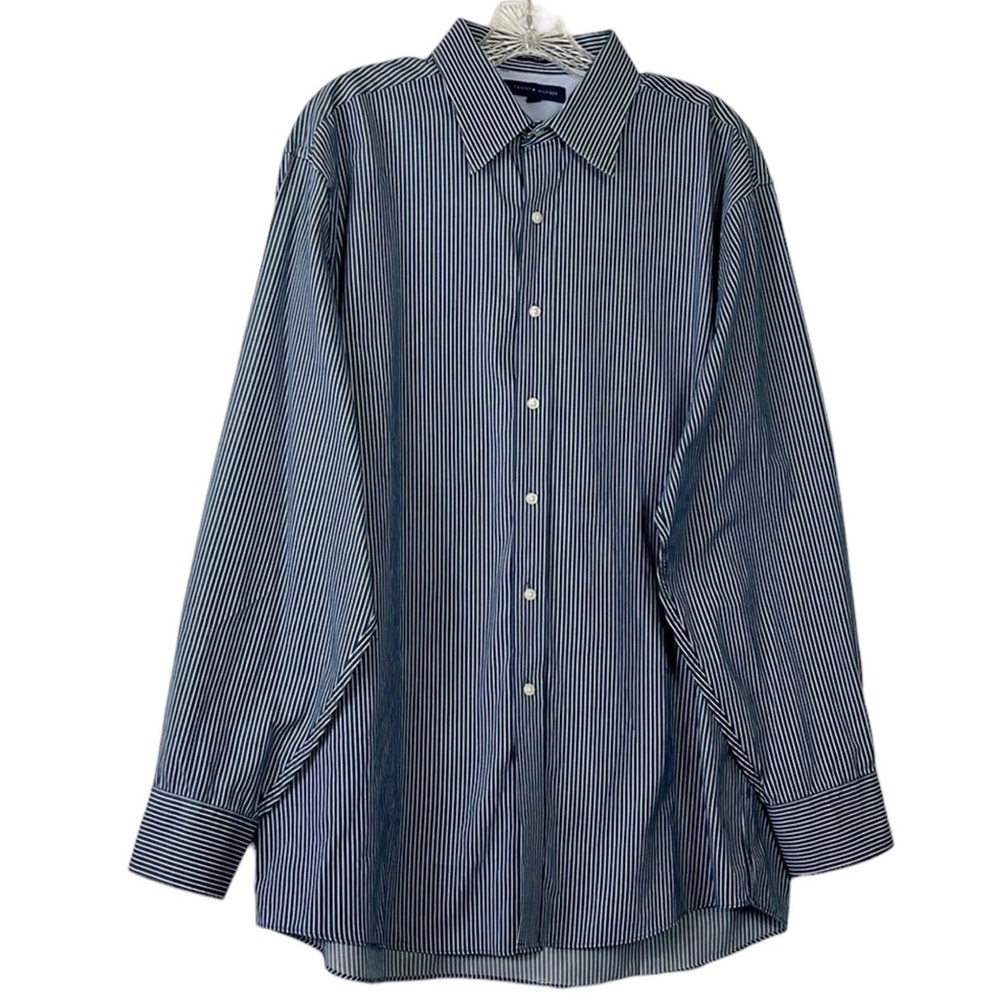Tommy Hilfiger Button Front Shirt Men's Size 16.5 Blue & White Striped Cotton